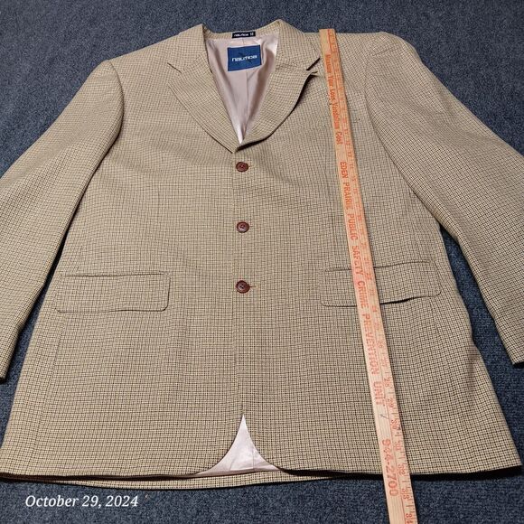Nautica Blazer Men 44 Long Brown Mini Plaid 3 Button Silk and Worsted Wool - Picture 2 of 8